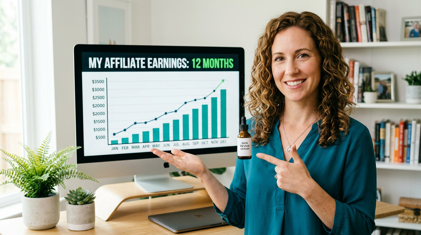 Woman smiling and pointing to growing affiliate earnings chart and holding skin revive serum bottle