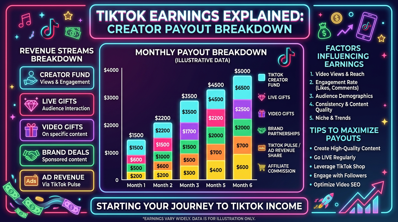 TikTok creator payout breakdown showing revenue sources and monthly illustrative earnings